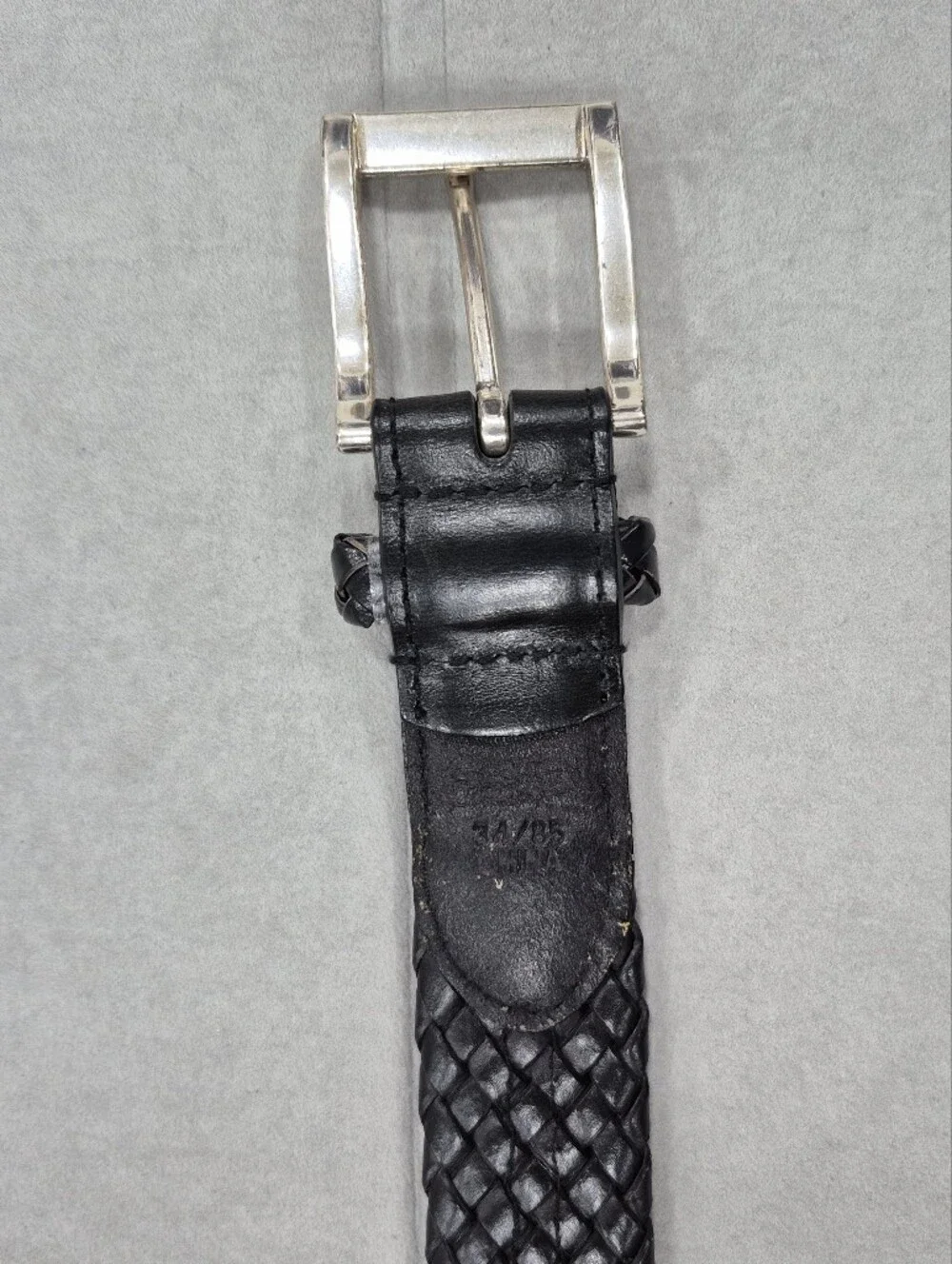 Western woven leather belt men's 34 black silver metal buckle and tip